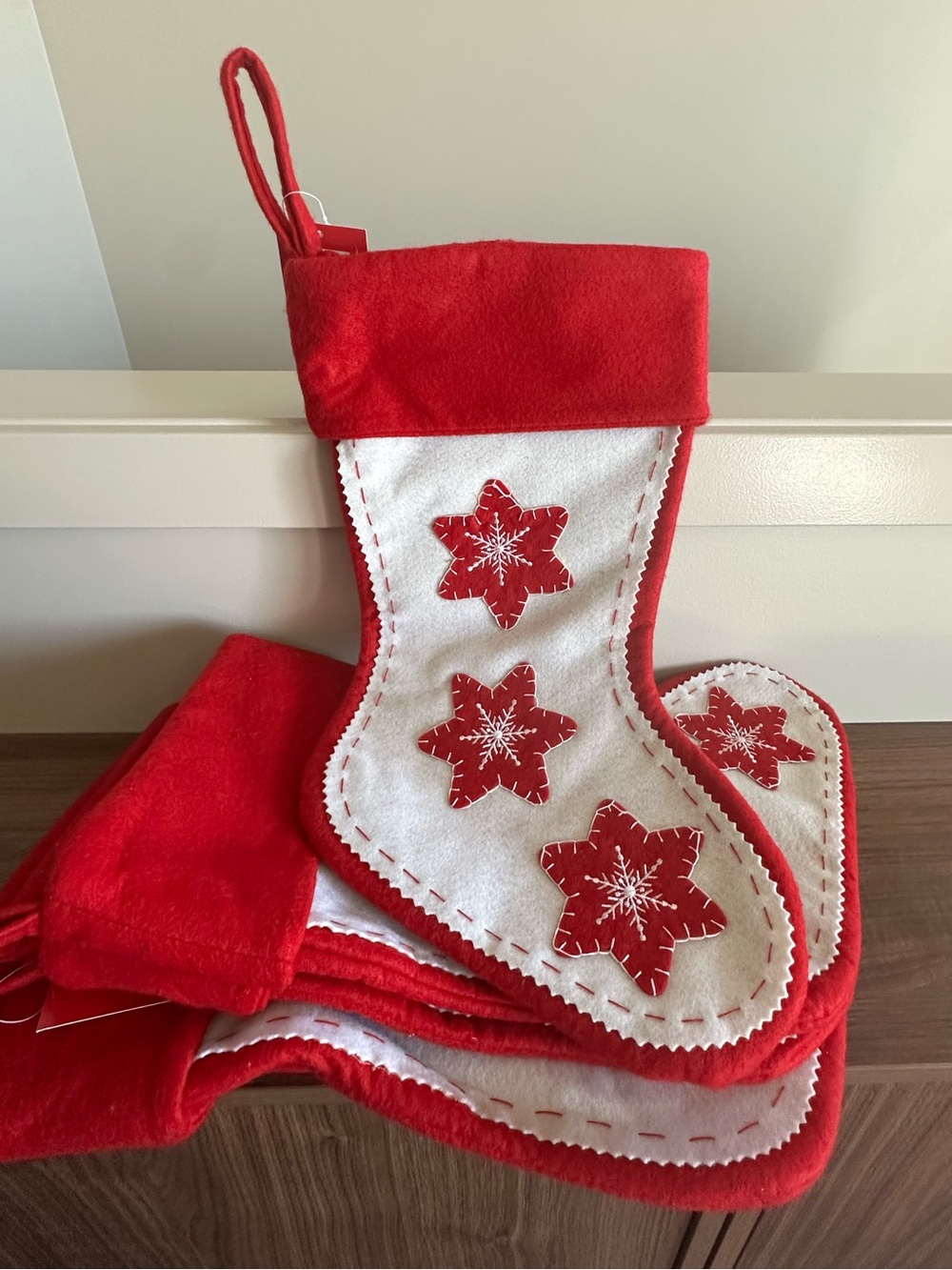 6 Indigo Red and White Felt Snowflake Holiday Stockings